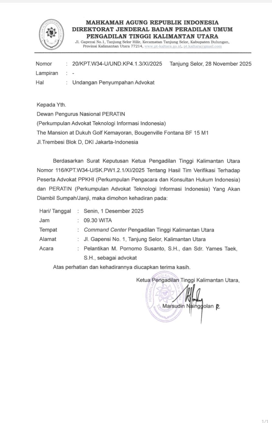 Pengumuman Resmi: Undangan Penyumpahan Advokat di Pengadilan Tinggi Kalimantan Utara